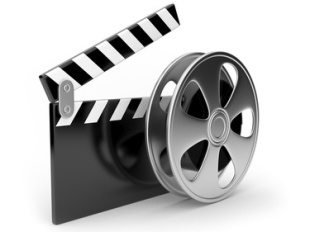 Film and  clap board movies symbol 3d. Isolated